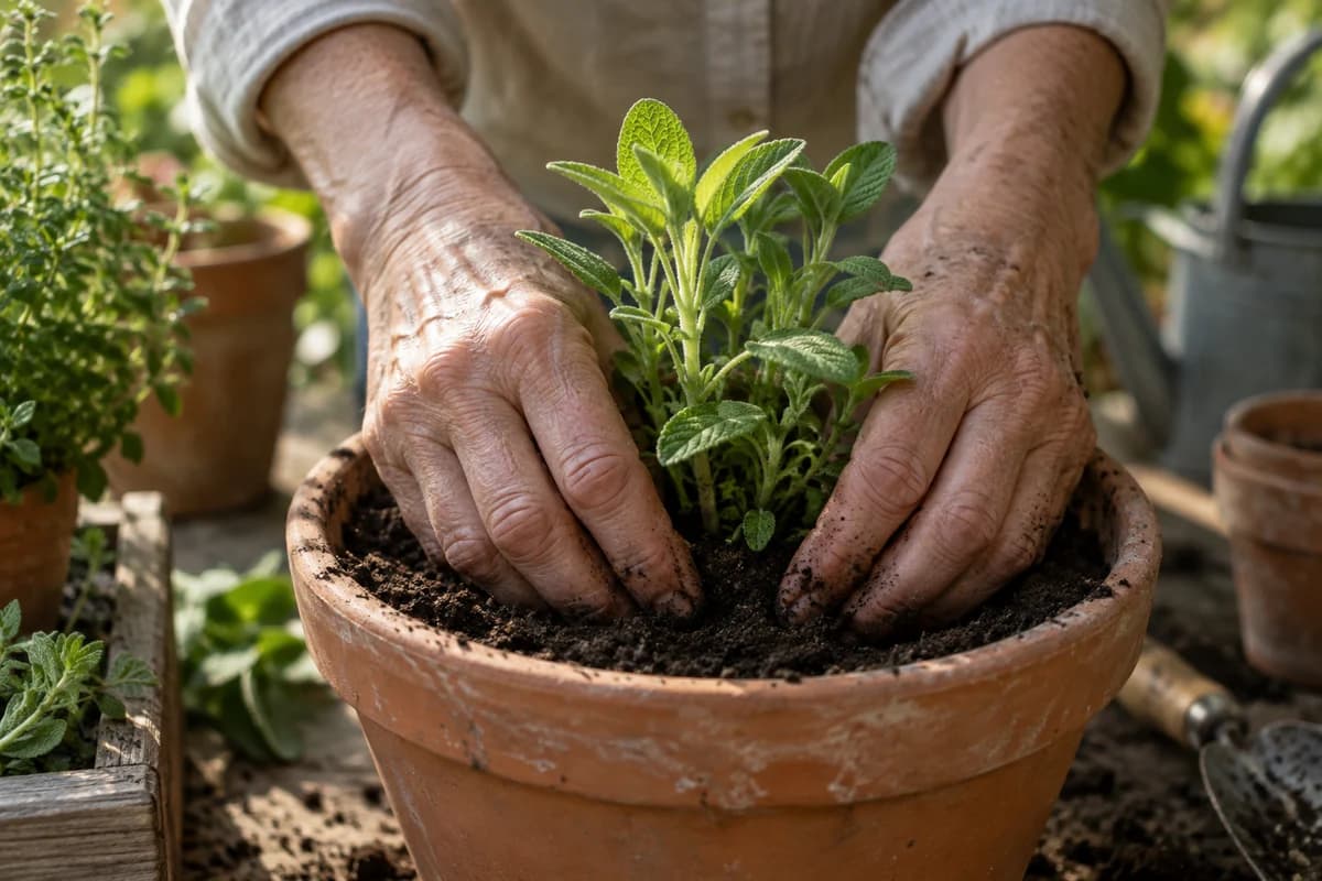 An older gardener’s hands planting an herb in a terracotta pot